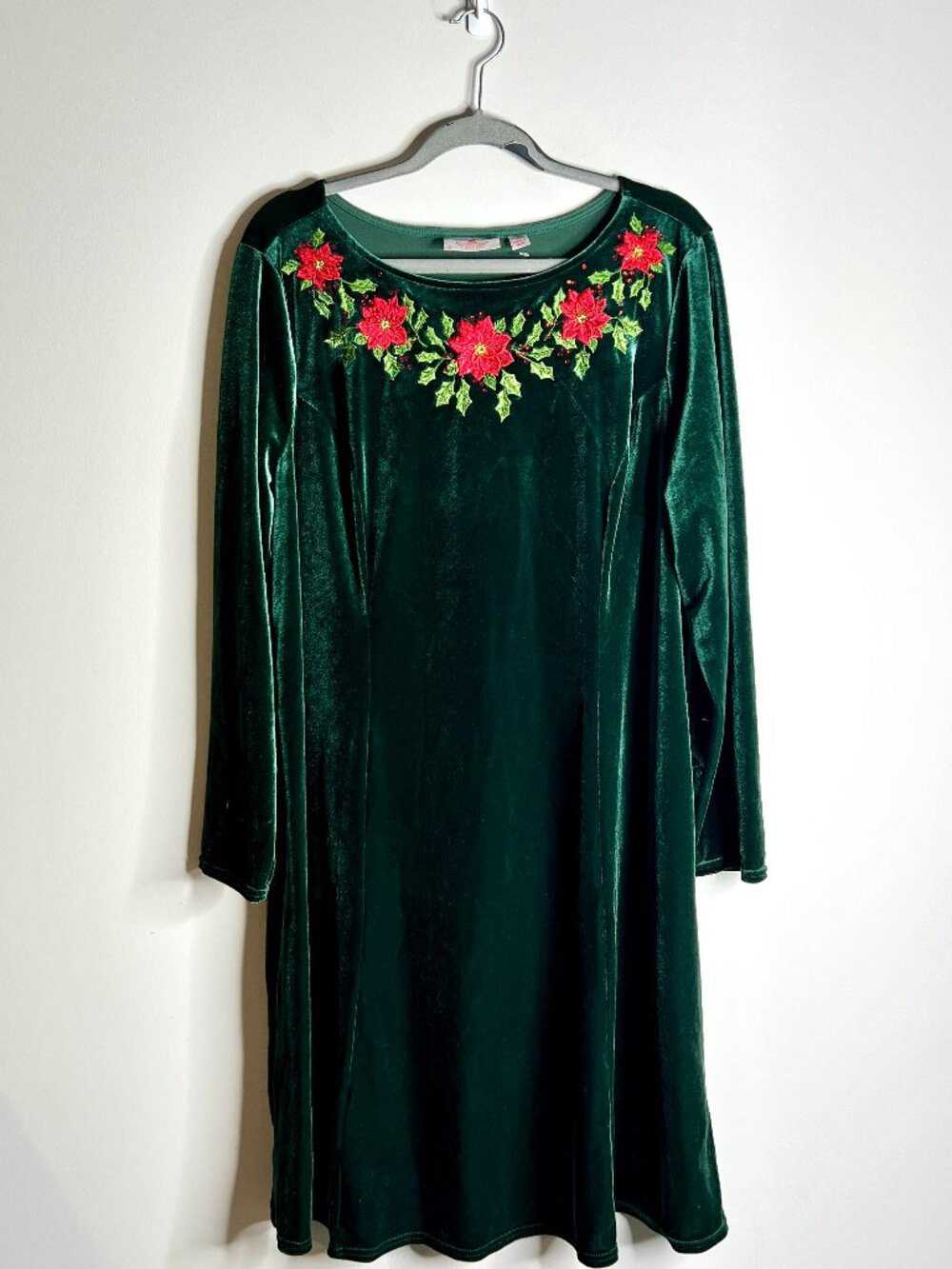 Quacker Factory Green Velour Embroidered Christmas Poinsettia Shift Dress Sz XL
